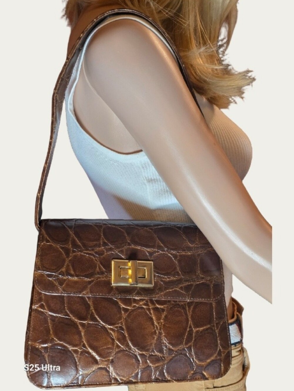 Vintage 90s Camel Brown Vegan Crocodile Embossed Structured Shoulder Bag